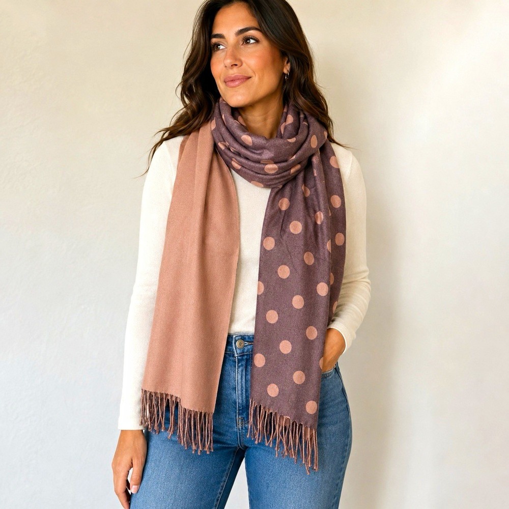 Cashmere 100% Cashmere Polka Dot Woven Fringe Rectangle Scarf Brown/Taupe NWT